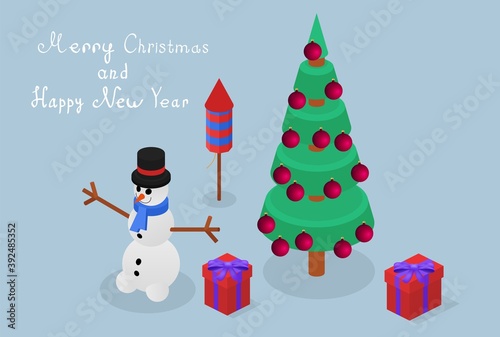 Isometric illustration with snowman, firework, pine and gift boxes.
