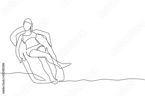 Single continuous line drawing of young happy woman tanning and relaxing at air mattress in swimming pool center. Summer holidays and vacation concept. Trendy one line draw design vector illustration