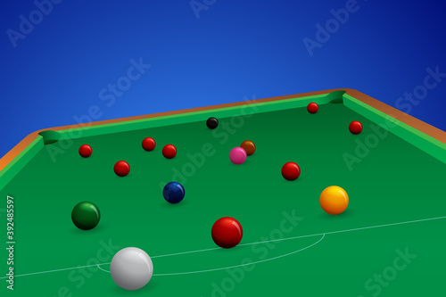 Vector of snooker championship with balls and green snooker table background.