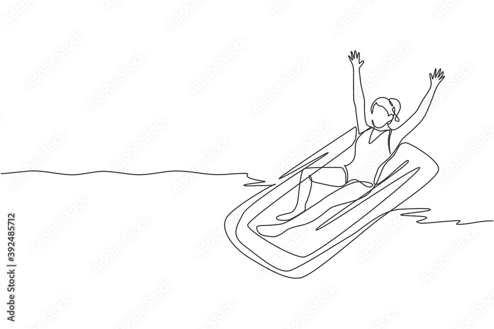 One single line drawing young fit happy woman relaxing at air mattress in indoor pool sport center vector illustration graphic. Summer holidays and vacation concept Modern continuous line draw design