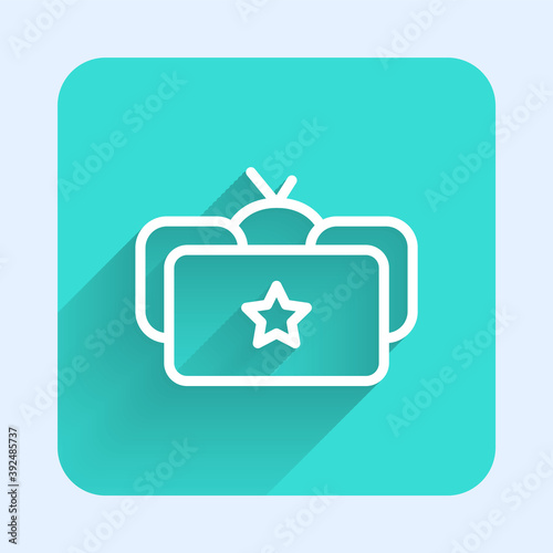 White line Ushanka icon isolated with long shadow. Russian fur winter hat ushanka with star. Soviet Union uniform of KGB and NKVD. Green square button. Vector.