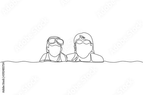 One single line drawing happy mom and daughter play and swim together in indoor pool sport center vector illustration. Summer holidays and vacation concept. Modern continuous line draw design graphic