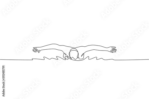 One continuous line drawing of young muscular professional swimmer man swimming in sport center. Healthy sport and fitness cardio exercise concept. Dynamic single line draw design vector illustration