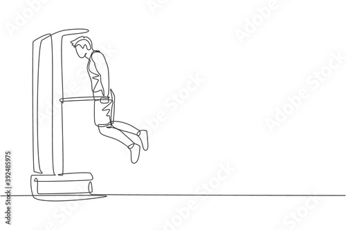 Single continuous line drawing of young sportive man training with parallel bar lift his body in sport gym club center. Fitness stretching concept. Trendy one line draw design vector illustration