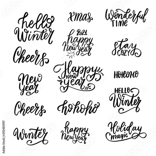 Happy New Year 2021. Hello winter. Stay cozy. Hohoho. Cheers. Christmas and New Year hand lettering holiday quote. Modern calligraphy. Greeting cards design elements phrases set