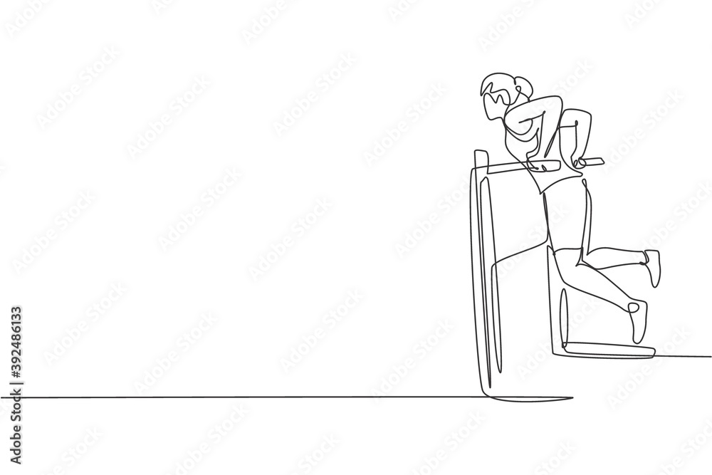 One single line drawing of young energetic woman exercise with parallel bar in gym fitness center graphic vector illustration. Healthy lifestyle sport concept. Modern continuous line draw design One single line drawing of young energetic woman exercise with parallel bar in gym fitness center graphic vector illustration. Healthy lifestyle sport concept. Modern continuous line draw design
