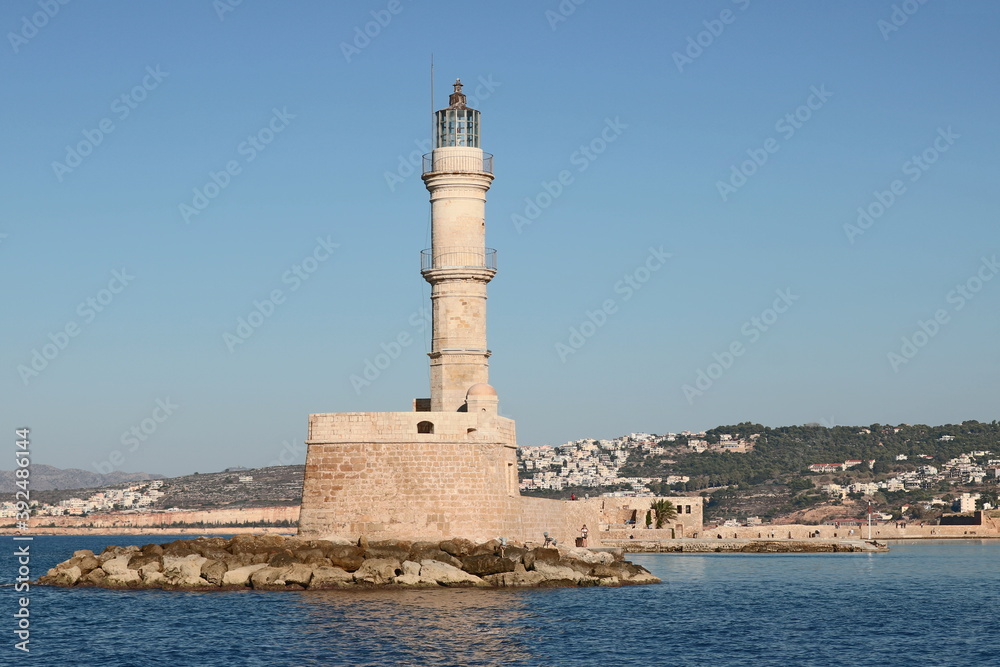 Port of Chania lighthouse on the island of Crete.