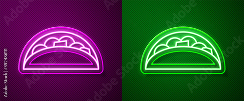 Glowing neon line Taco with tortilla icon isolated on purple and green background. Traditional mexican fast food menu. Vector.