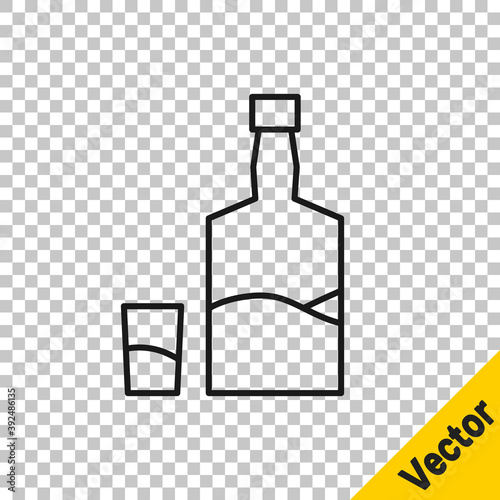 Black line Tequila bottle and shot glass icon isolated on transparent background. Mexican alcohol drink. Vector.