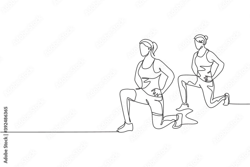 Single continuous line drawing two of young sportive women training and stretching together in sport gymnasium club center. Fitness stretching concept. Trendy one line draw design vector illustration