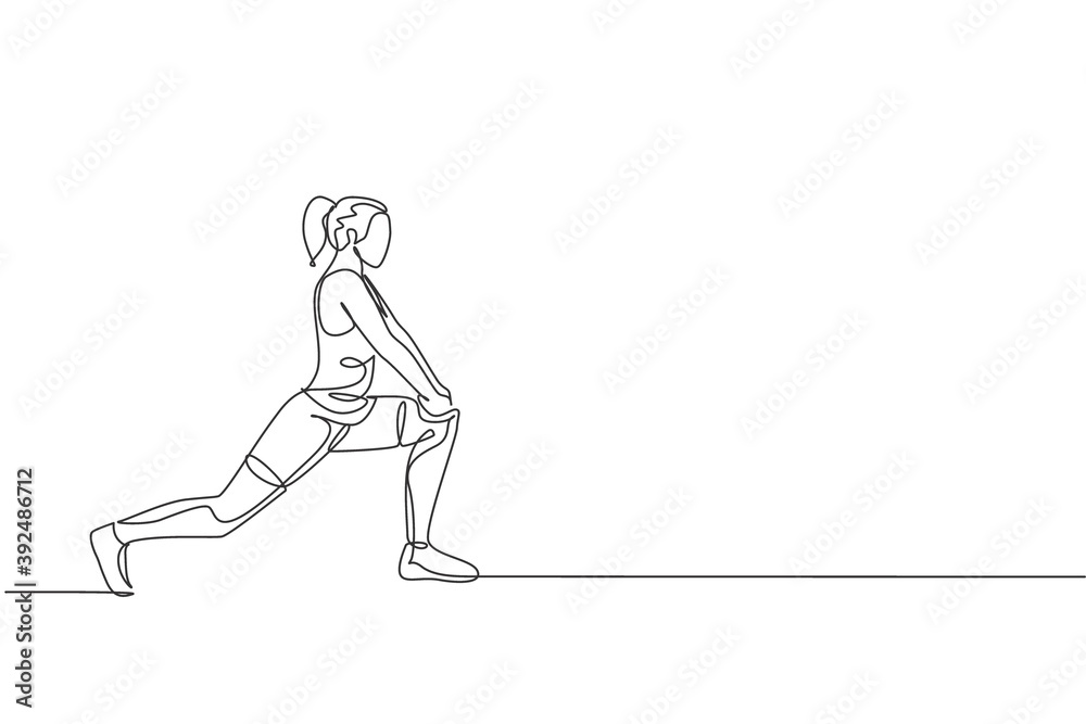 One single line drawing young energetic woman exercise stretching with lank pose in gym fitness center vector illustration. Healthy lifestyle sport concept. Modern continuous line draw design