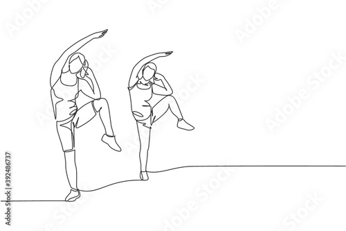 One continuous line drawing of two young sporty women working out fun aerobics together in fitness gym club center. Healthy fitness sport concept. Dynamic single line draw design vector illustration