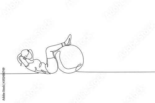 One single line drawing young energetic woman exercise sit up with fitness ball in gym fitness center graphic vector illustration. Healthy lifestyle sport concept. Modern continuous line draw design