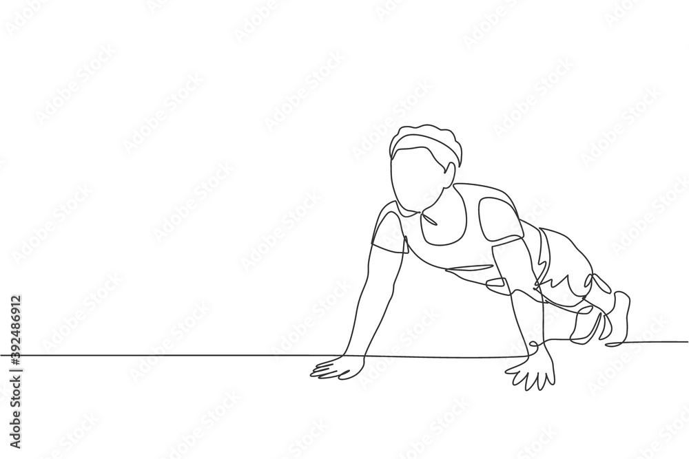 One continuous line drawing of young sporty man working out push up in fitness gym club center. Healthy fitness sport concept. Dynamic single line draw design vector graphic illustration One continuous line drawing of young sporty man working out push up in fitness gym club center. Healthy fitness sport concept. Dynamic single line draw design vector graphic illustration
