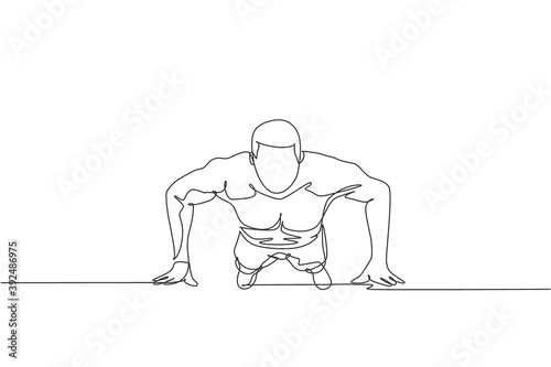 Single continuous line drawing of young sportive man training push up in sport gymnasium club center, front view. Fitness stretching concept. Trendy one line draw graphic design vector illustration