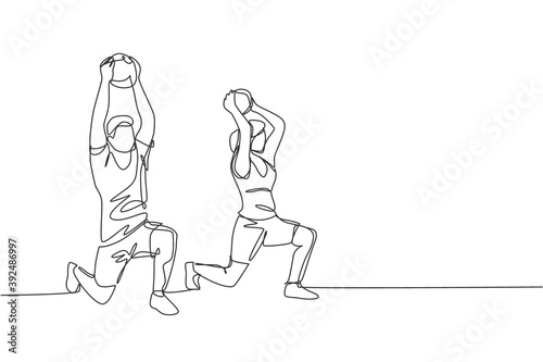 One continuous line drawing of young sporty man and woman working out with weight ball in fitness gym club center. Healthy fitness sport concept. Dynamic single line draw design vector illustration