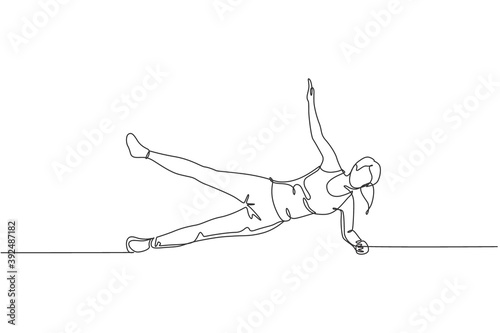 One single line drawing of young energetic woman working out doing side plank in gym vector illustration. Fitness sport bodybuilding and healthy lifestyle concept. Modern continuous line draw design