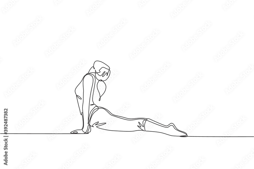 Fototapeta One continuous line drawing young woman training doing back up pose in fitness training gym. Healthy sport lifestyle concept. Stretching work out. Dynamic single line draw design vector illustration