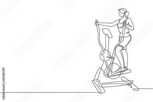 One single line drawing of young energetic woman working out with elliptical cross in gym vector illustration. Fitness sport bodybuilding healthy lifestyle concept. Modern continuous line draw design