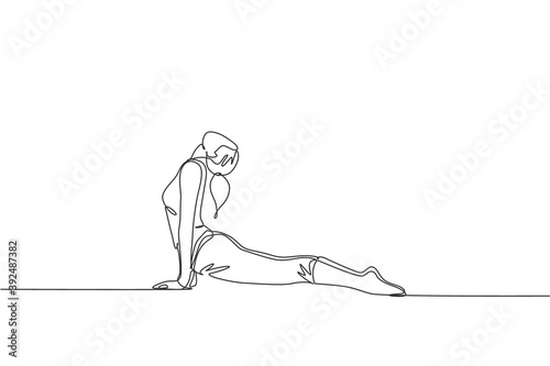 One continuous line drawing young woman training doing back up pose in fitness training gym. Healthy sport lifestyle concept. Stretching work out.  Dynamic single line draw design vector illustration