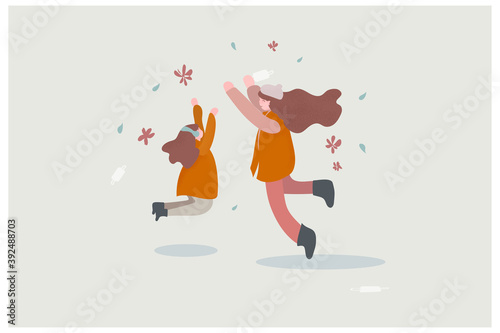 Vector illustration of Happy cheerful characters flat design. Mother and kid happy and jump high after Covid-19 vaccine was ready to contribute luanched.take off the mask.Free from pendemic situation
