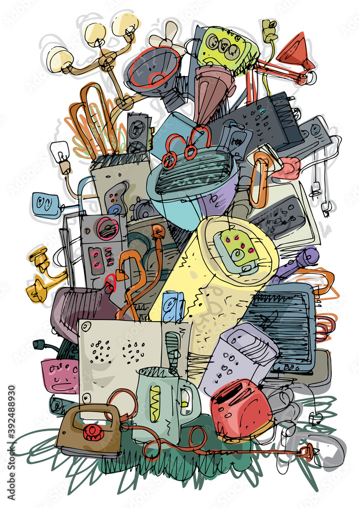 Obraz premium A big pile of electronic trash. Old and obsolete component and hardware pollute environment. Handmade sketch. Caricature.