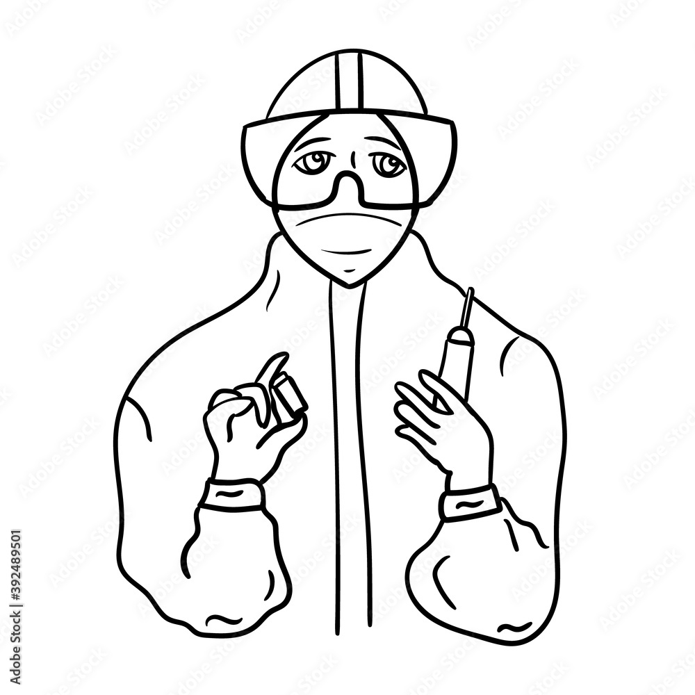 Doctor or worker in medical protective suit black line icon. Coronavirus pandemic COVID-19. Protect from viruses. Personal protective equipment against viruses and pesticides.
