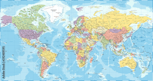 Naklejka na ścianę Mapa świata - polityczna - szczegółowa ilustracja wektorowa