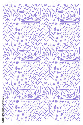 Seamless pattern with snow, rain, trees, clouds, eye and mountains.