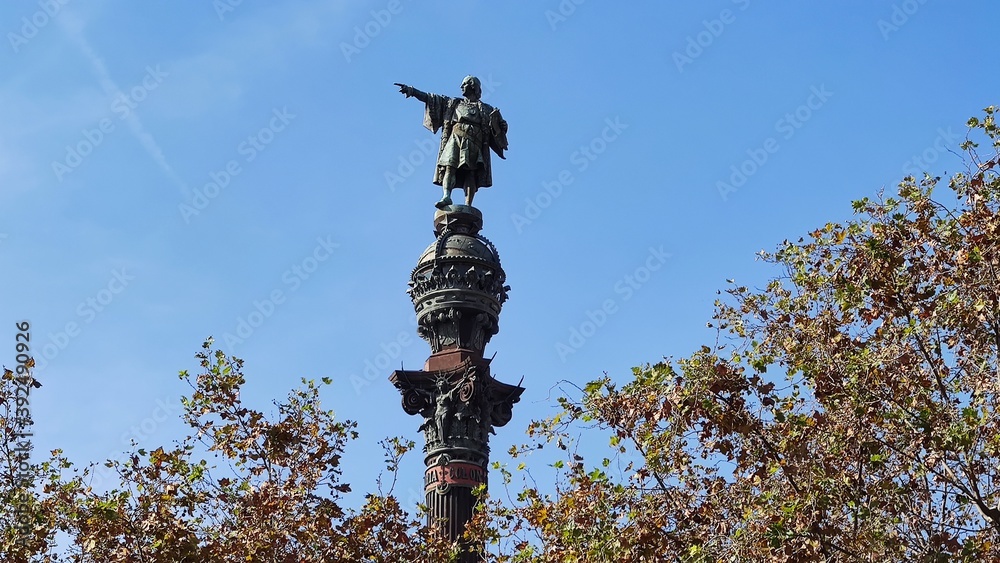 Mirador de Colom,Christopher Columbus monument statue, column in Barcelona central promenade end of the Ramblas, Spain