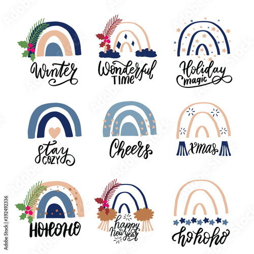 Cheers. Xmas. Winter. New Year. Hohoho. Rainbow Boho Christmas and New Year hand lettering holiday quote. Modern calligraphy. Greeting cards design elements phrases set