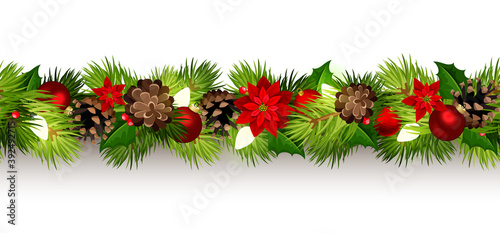 Fototapeta Naklejka Na Ścianę i Meble -  Vector Christmas horizontal seamless border with red balls, poinsettia flowers, green fir branches, lights and cones.