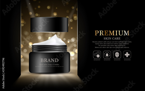 Hydrating facial cream for annual sale or festival sale. silver and black cream mask bottle isolated on glitter particles background. Graceful cosmetic ads, illustration EPS10.