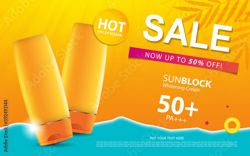 Sunblock ads template or sale of season, sun protection cosmetic products design with moisturizer cream or liquid, sparkling background with glitter polka, vector design EPS10.