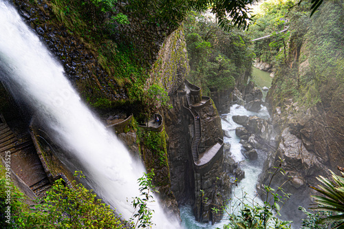 Ecuador, near Banos. View down on the staircases of the Devil's Cauldron . ( Pailon del Diabolo). Amazing Waterfall in middle of a virgin forest.