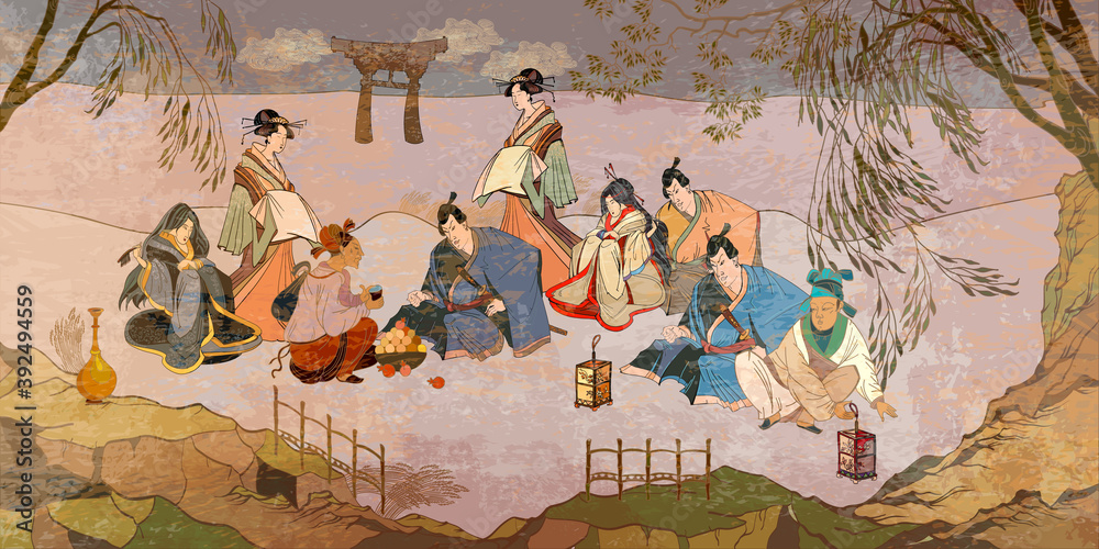 Tradition and culture of Asia. Oriental people. Tea ceremony. Samurai