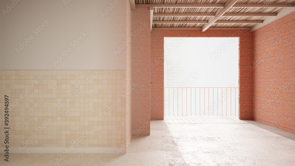 Interior design renovation, before and after, repair, wall painting, ceramic tiles floor, bamboo wooden ceiling, steps of development, home renewal concept background with copy space Interior design renovation, before and after, repair, wall painting, ceramic tiles floor, bamboo wooden ceiling, steps of development, home renewal concept background with copy space