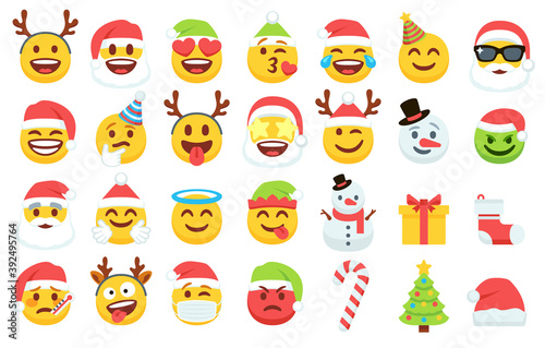 Christmas emoji. Santa Claus emoticon in xmas hat, snowman and funny yellow faces with deer antler headband. Gift box, christmas tree and candy vector icons set
