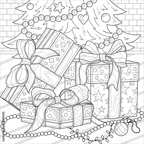 Gifts under the Christmas tree. Christmas.Coloring book antistress for children and adults. Illustration isolated on white background.Zen-tangle style.