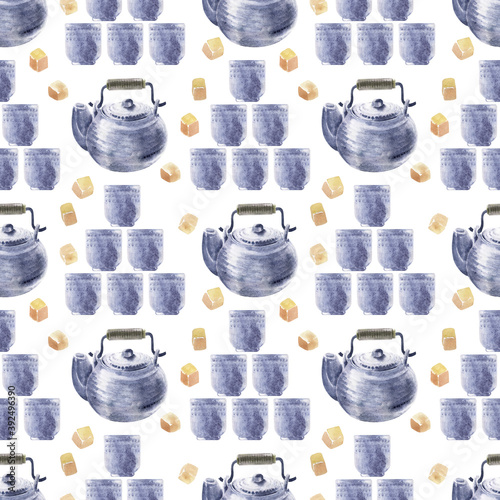 Watercolor seamless patterns on the theme of tea drinking with colorful teapots, mugs, tea bags, teaspoons