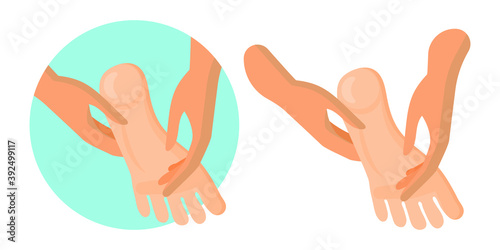 Session in massage salon. Hands of masseur doing doing of foot massage. Relaxed. Concept of Spa, massage parlor, beauty salon. Isolated icon, illustration in white background in flat vector style 