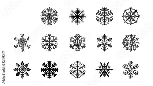 Set Black Colleciton Line Snowflake Doodle Winter Decoration Elements Vector Design Style