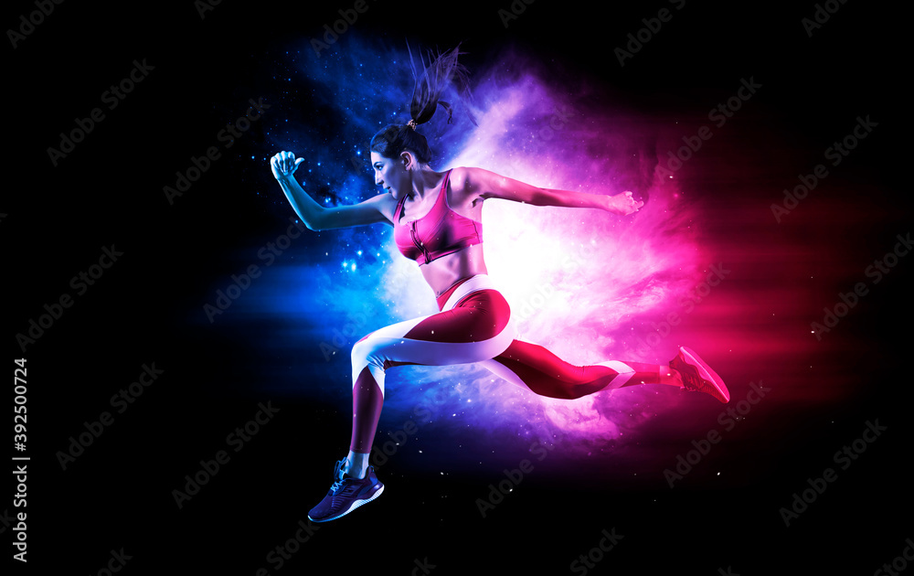 Sporty woman running.  lightning effect