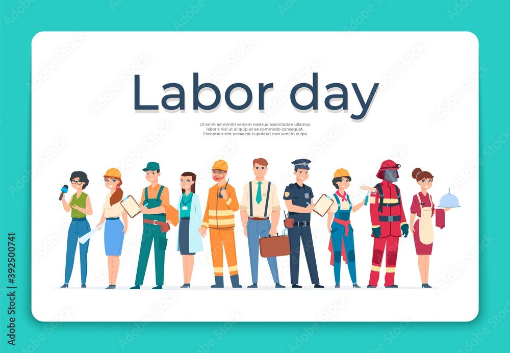 Labor day greeting card. Group of workers of various professions and specialists. Cartoon engineer and policeman, waiter and firefighter or doctor. Employees celebrate holiday, vector illustration
