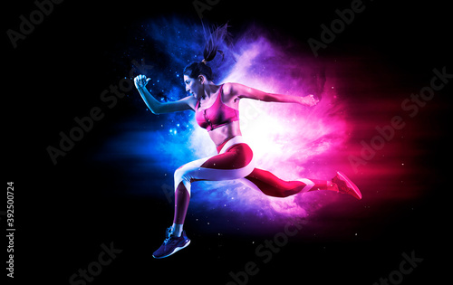 Sporty woman running. lightning effect