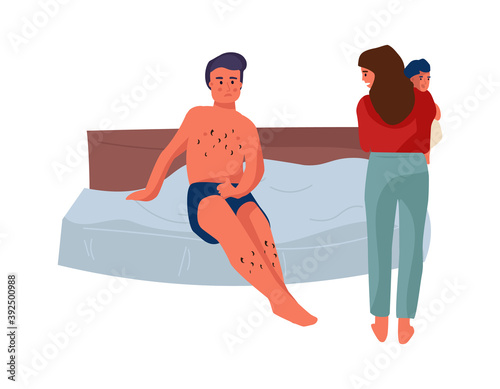 Family conflict. Cartoon man and woman with little kid in bedroom. Disagreements between husband and wife, problems in relationship. Partners quarrel scene, vector couple dissolution illustration