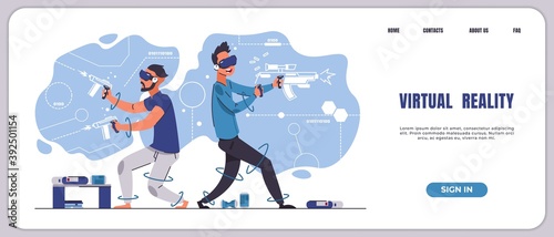 VR gaming landing page. Augmented reality and virtual 3D entertainment. Website with cartoon teenagers playing video games in smart glasses. Interface template with buttons, vector screen design