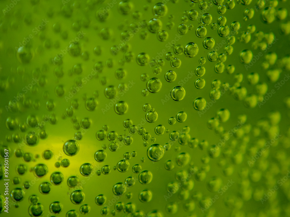 Bubbles of soda on a green background close up.