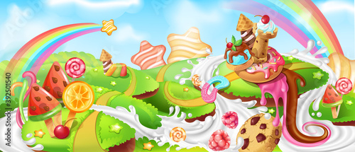Landscape with sweets. Cartoon candy land with chocolate farmhouse, milk river, rainbows and hills with cakes and desserts. Fairy tale panorama, fantasy meadows. Vector children dreamlike illustration