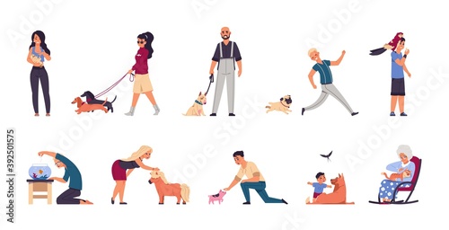 Pet owners. Cartoon happy man, woman and children playing or walking, spending time with domestic animals. People with cats, dogs and bird or aquarium fish. Home breed pony and little pig, vector set